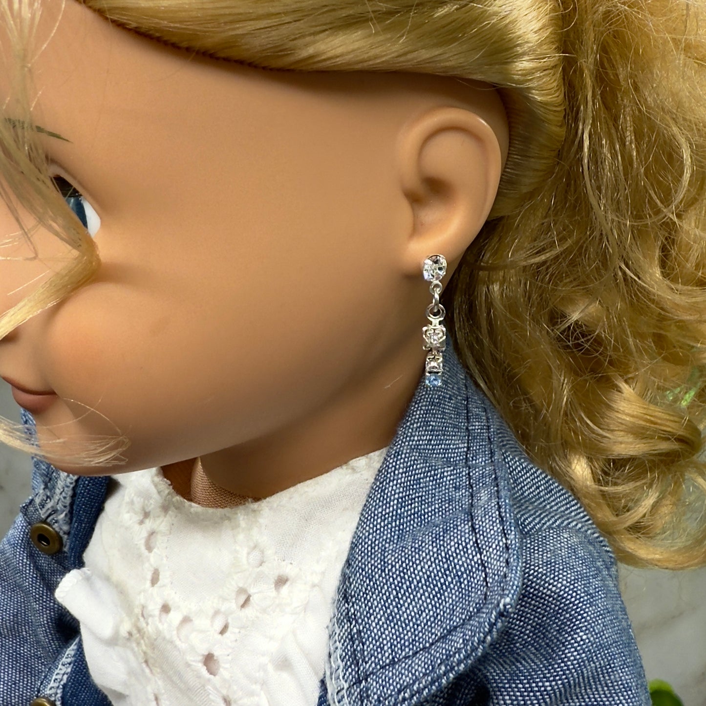 Blue & Clear Rhinestone Silver Dangle Post Doll Earrings • 18” Doll Jewelry