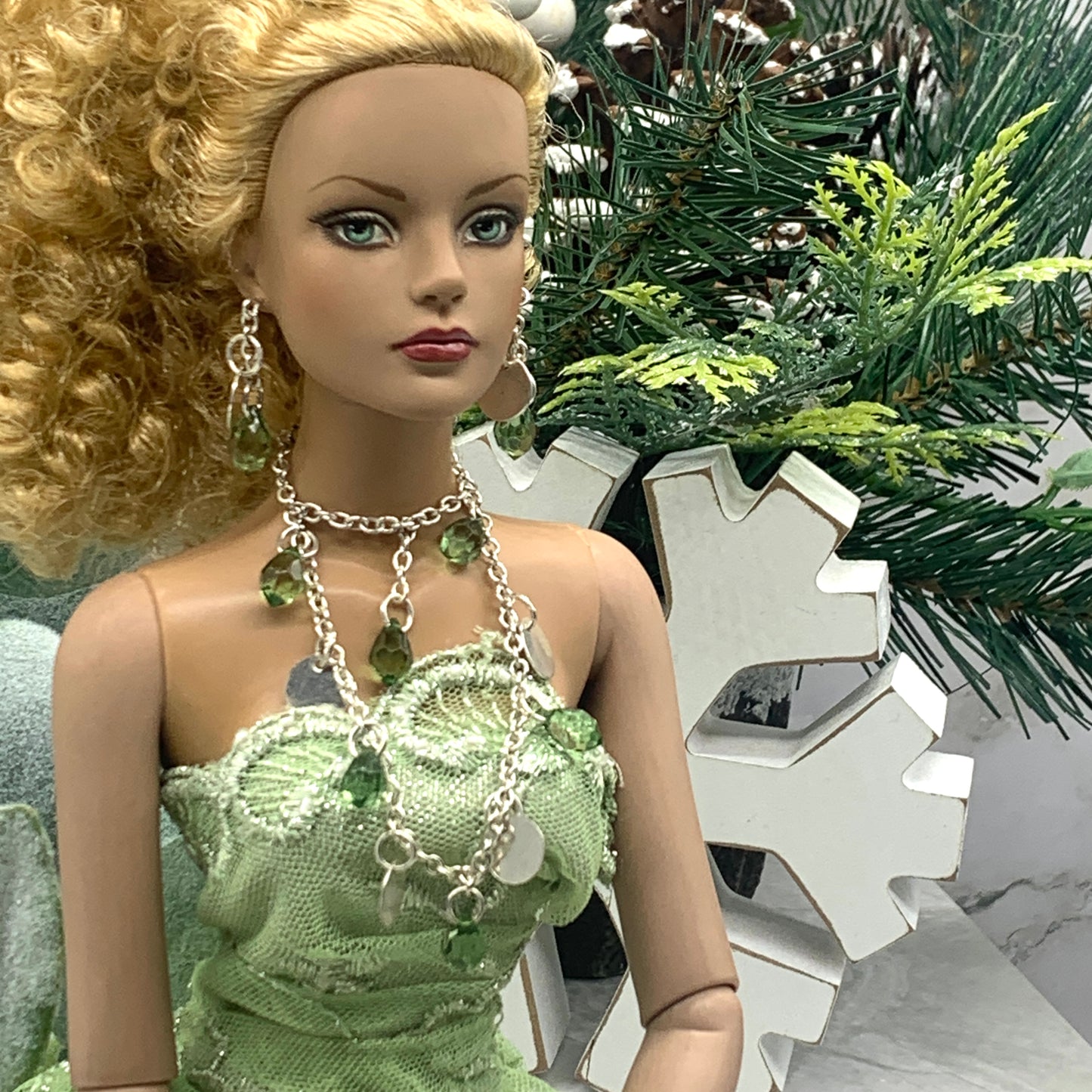 Green Clear Acrylic Crystal Silver Doll Necklace Earring Set • 16” Doll Jewelry
