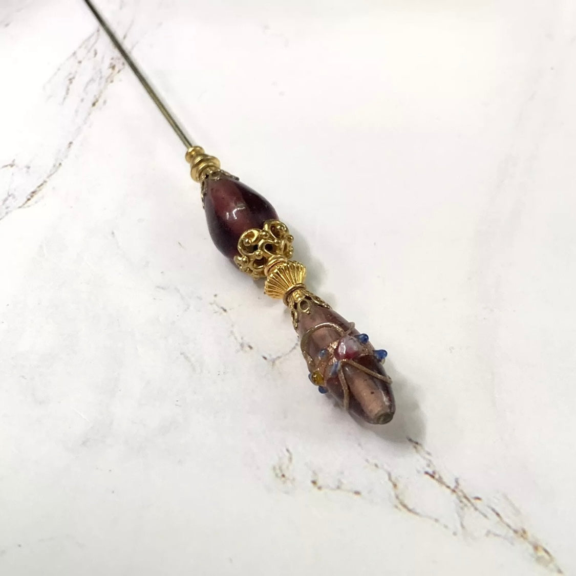 Purple Glass Teardrop Gold Swirl Design Filigree - 8” Pin • Hatpin - Stick Pin