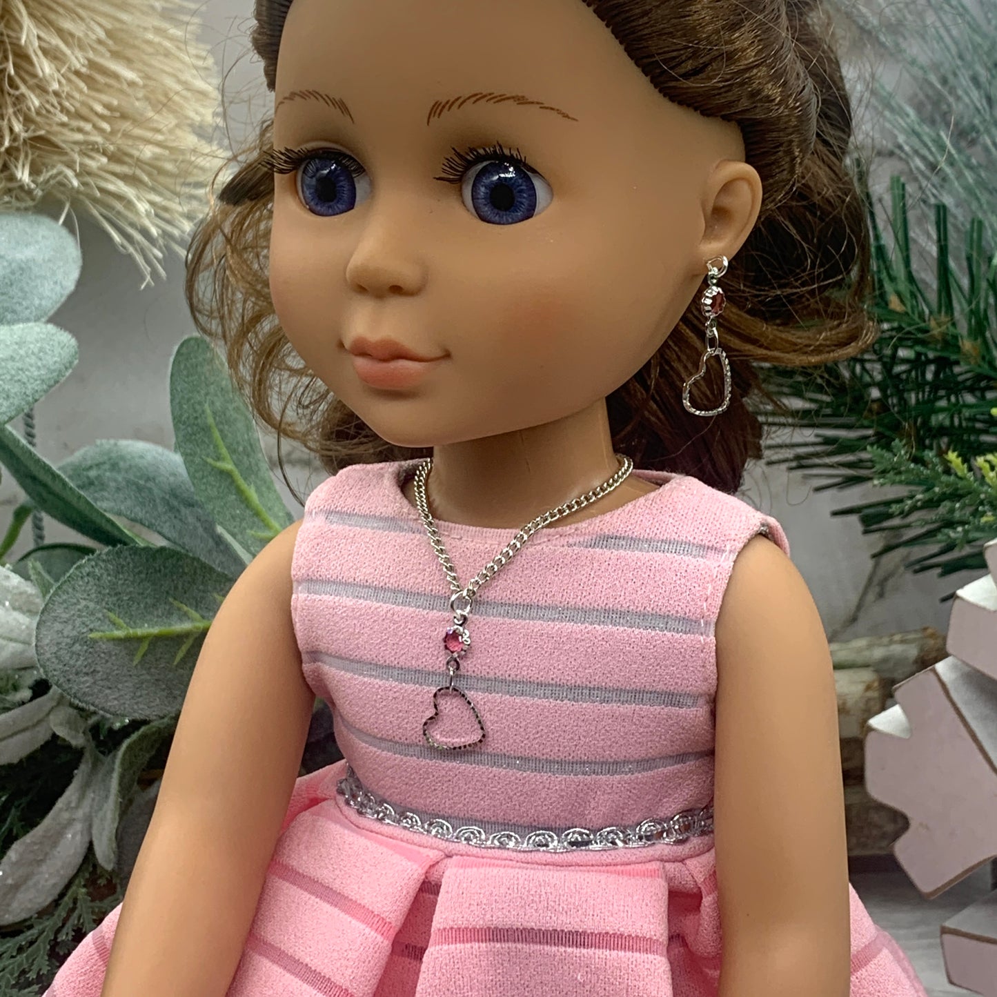 Silver Heart Pink Crystal Silver Doll Necklace Earring Set for 14” Wellie Wisher