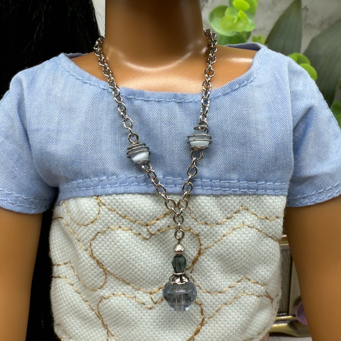 Light Blue Glass Silver Chain Pendant Doll Necklace • 14 Inch Fashion Doll Jewelry