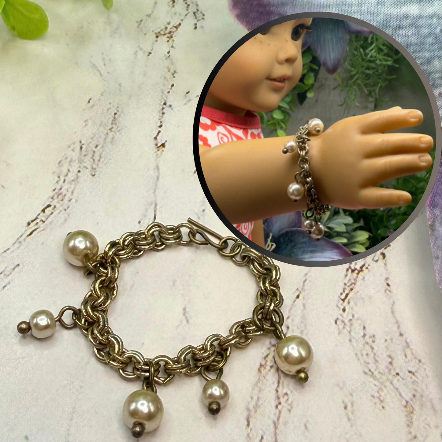 Gold Brass Tone Chain Pearl Dangles Doll Charm Bracelet • 18 Inch Fashion Doll Jewelry