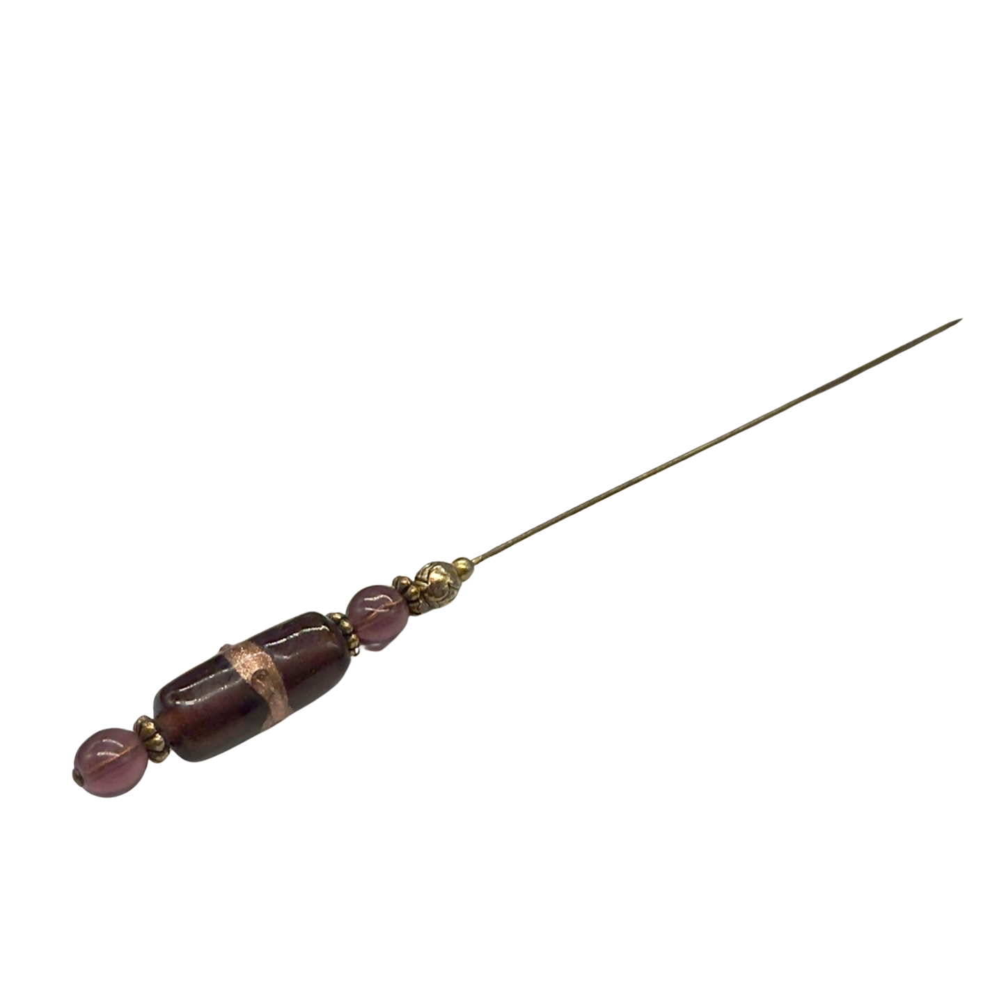 Purple Glass Gold Accent Cylinder Shaped Hatpin - Stick Pin • 6” Pin
