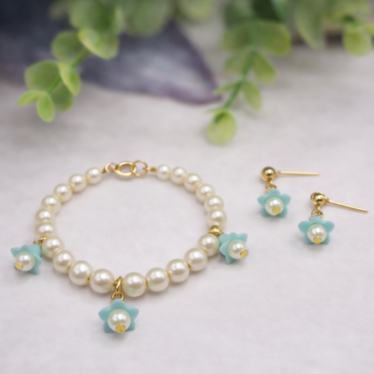 Turquoise Blue Bell Flower Dangle Pearl Beaded Doll Necklace & Earrings • 14 Inch Fashion Doll Jewelry