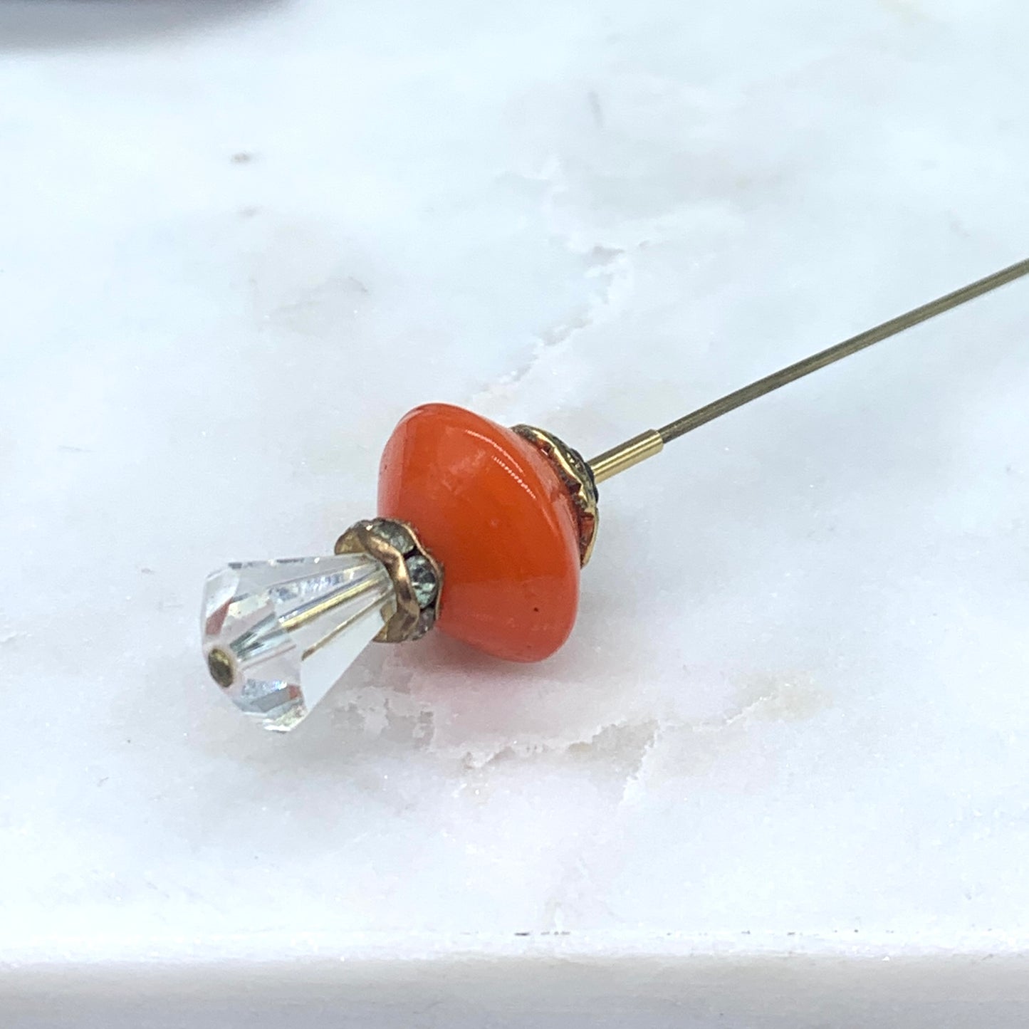 Orange Color Glass & Clear Glass Faceted Crystal • 6” Hatpin - Stick Pin