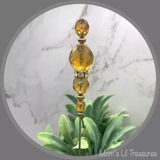 Gold Yellow Amber Color Crystal Rhinestone Beaded 8” Pin • Hatpin - Stick Pin