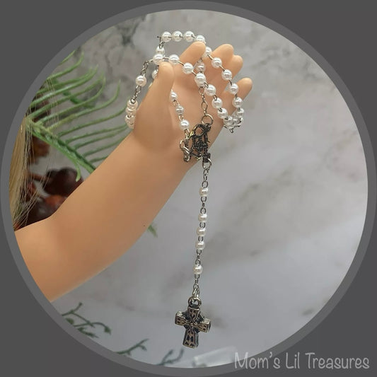 Catholic Rosary Pearl Silver Doll Size for 14-22” Fashion Doll or Vintage Dolls