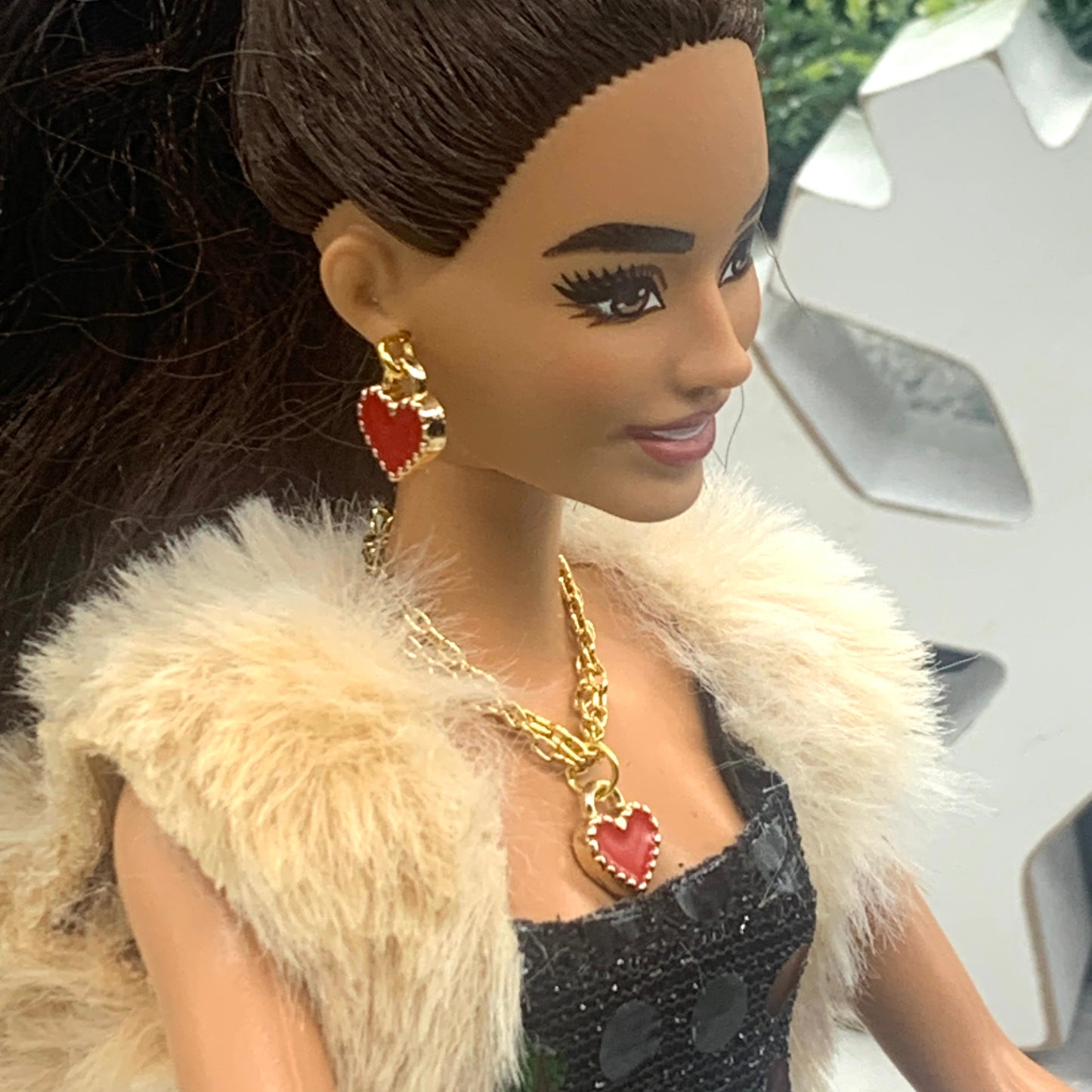 Red Heart Gold Chain Doll Necklace Earring Set • 11-12” Fashion Doll Jewelry