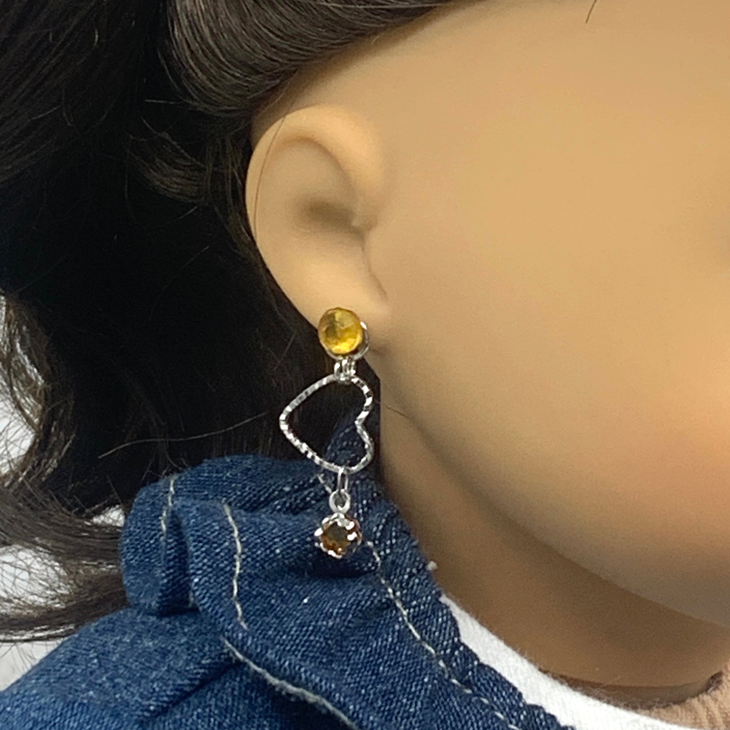 Golden Amber Rhinestone Post Silver Heart Doll Earring fits 18” American Girl