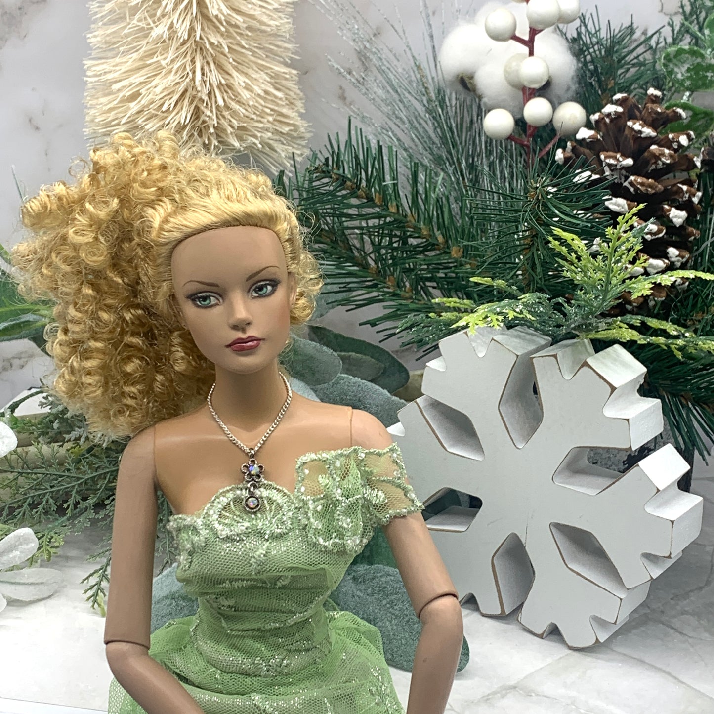 AB Rhinestone Flower Pendant Silver Chain Doll Necklace • 16” Doll Jewelry