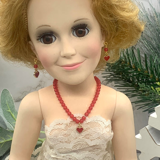 Red Gold Heart Beaded Gold Chain Necklace Earring Set 18-22” Doll Jewelry