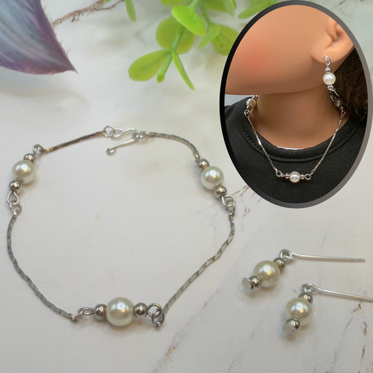 Silver Serpentine Chain w/ Pearl Doll Necklace & Earrings • 18 Inch Fashion Doll Jewelry