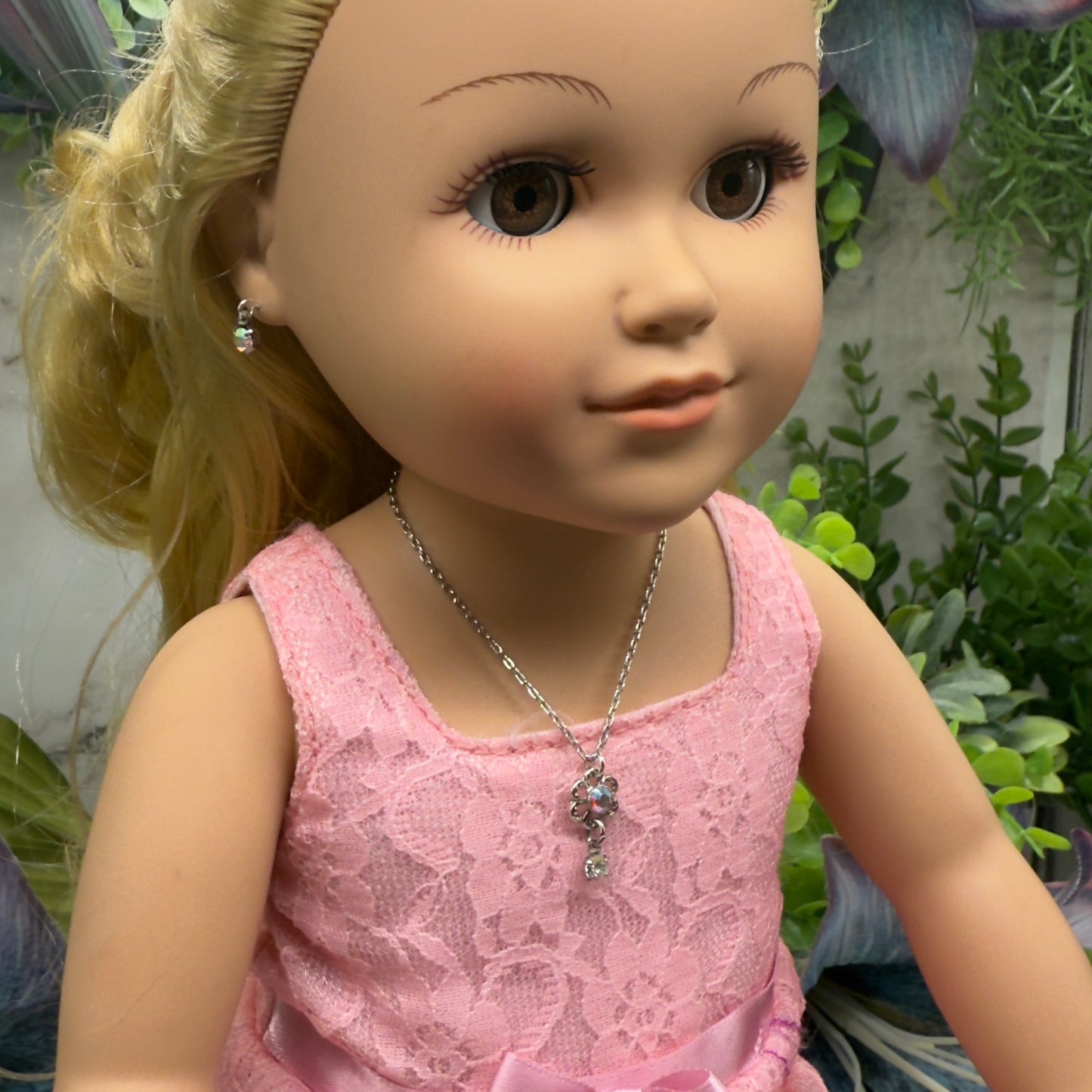 AB Rhinestone Flower Pendant Doll Necklace & Earrings Set• 18 Inch Fashion Doll Jewelry