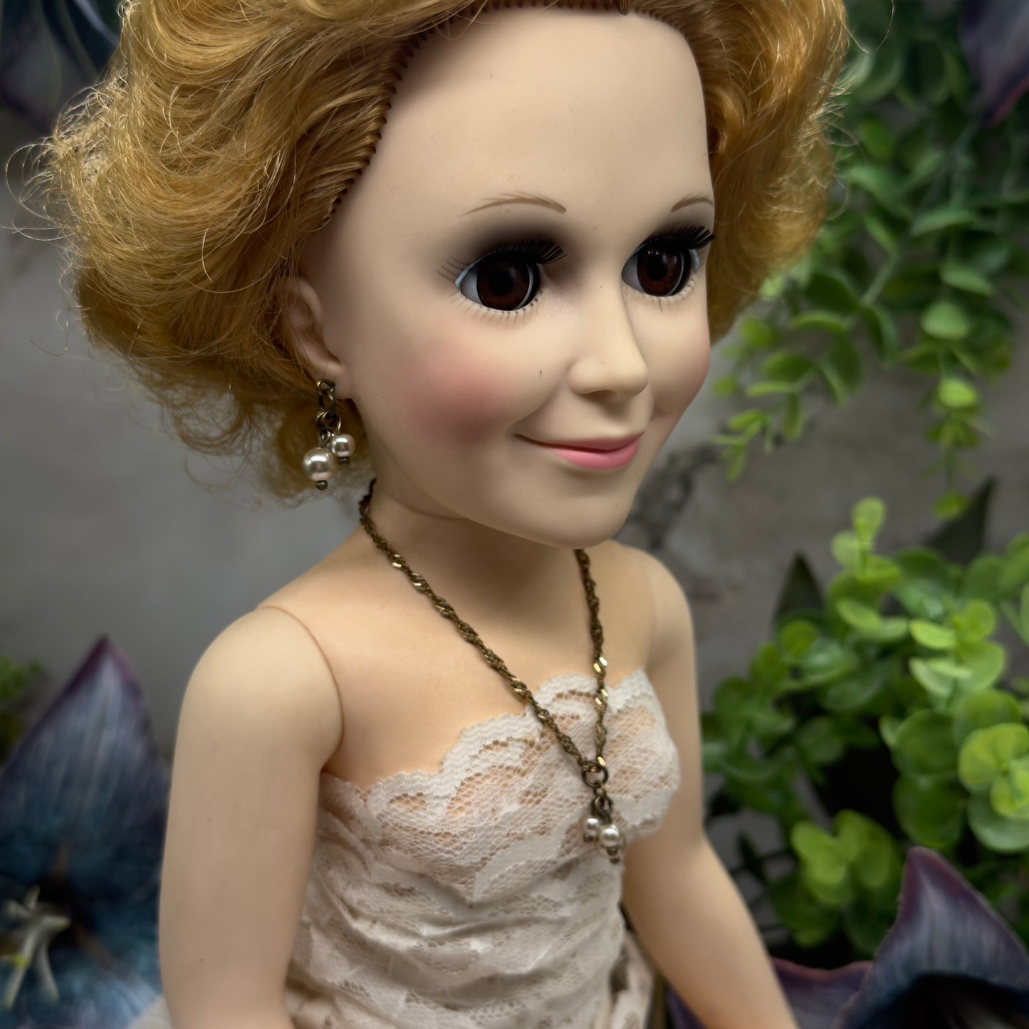 Gold Chain Pearl Dangle Pendant Doll Necklace & Earrings • 18-22” Vintage Doll Jewelry