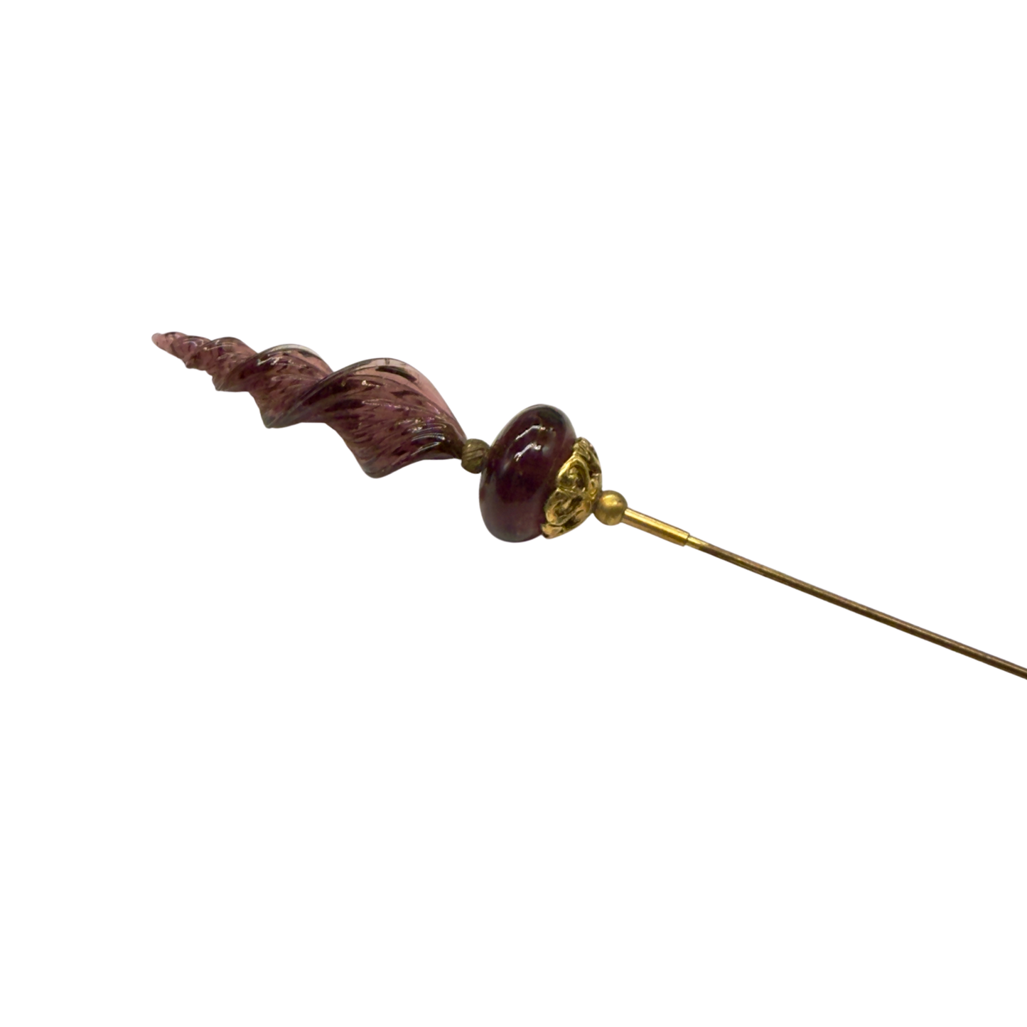Purple Glass Spiral Design & Gold Filigree Accent • 7.25” Pin Hatpin - Stick Pin