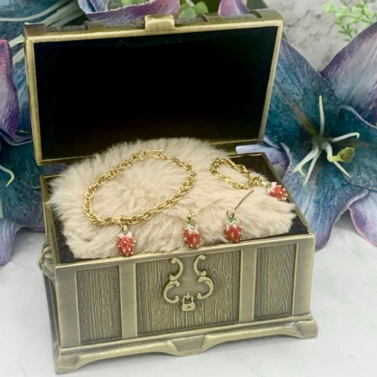 Strawberry Charm Gold Chain Doll Necklace Earring Bracelet Set 14” Wellie Wisher