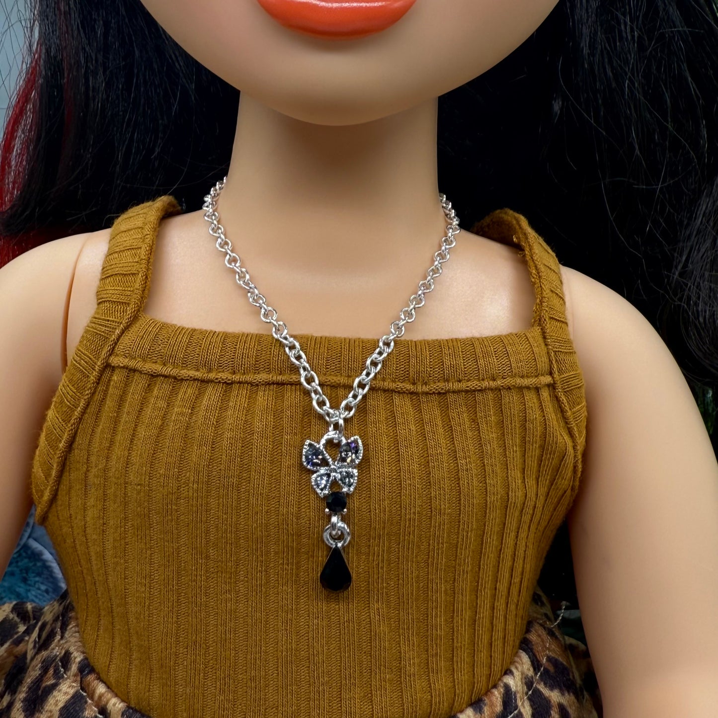 Clear Rhinestone Butterfly Black Teardrop Pendant Silver Chain Doll Necklace • 18 Inch Fashion Doll Jewelry