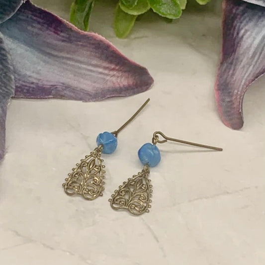 Gold Filigree Blue Glass Dangle Doll Earrings • 18 Inch Fashion Doll Jewelry
