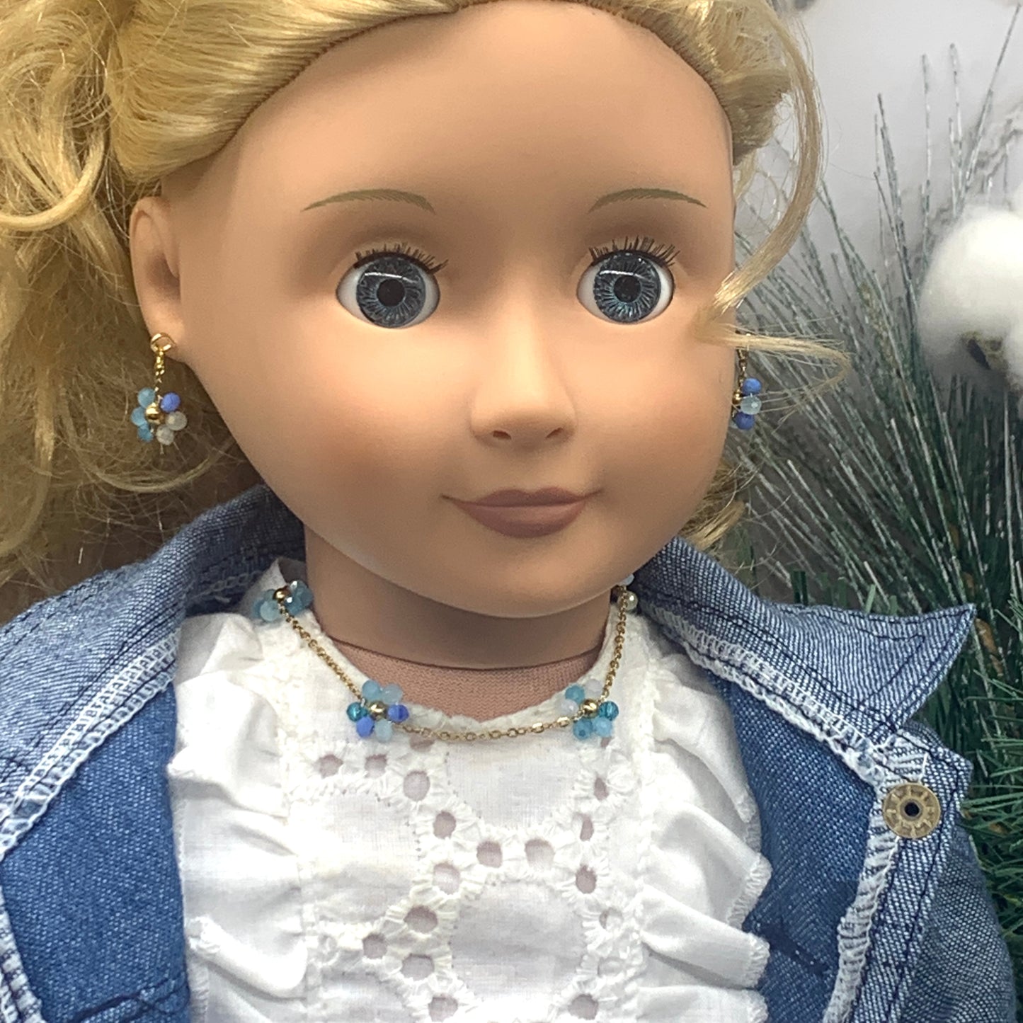 Blue Glass Flower Design Gold Chain Necklace Earrings Set • 18” Doll Jewelry