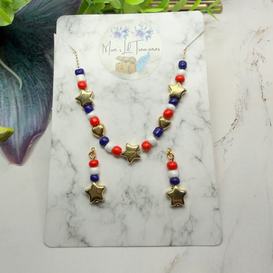 Red White Blue Beaded Americana Gold Star Heart Doll Necklace & Earrings Set for 18 Inch Fashion Doll