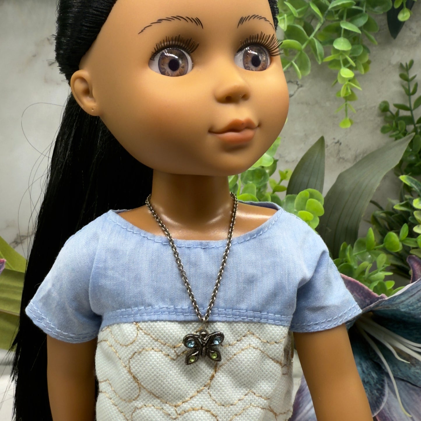 Butterfly Green Blue Rhinestone Pendant Gun Metal Silver Doll Necklace • 14 Inch Fashion Doll Jewelry