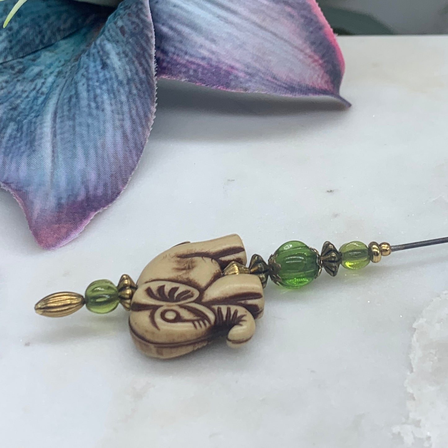 Green Glass Crystal & Elephant Hatpin - Stick Pin • 8” Pin