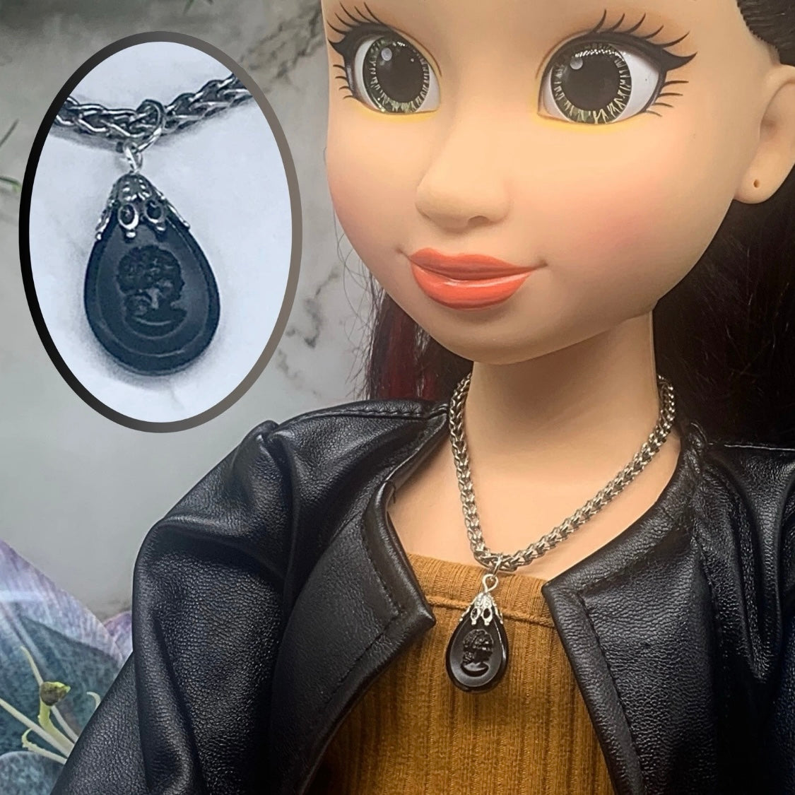 Black Teardrop Cameo Pendant Chain Doll Necklace • 18 inch Fashion Doll Jewelry