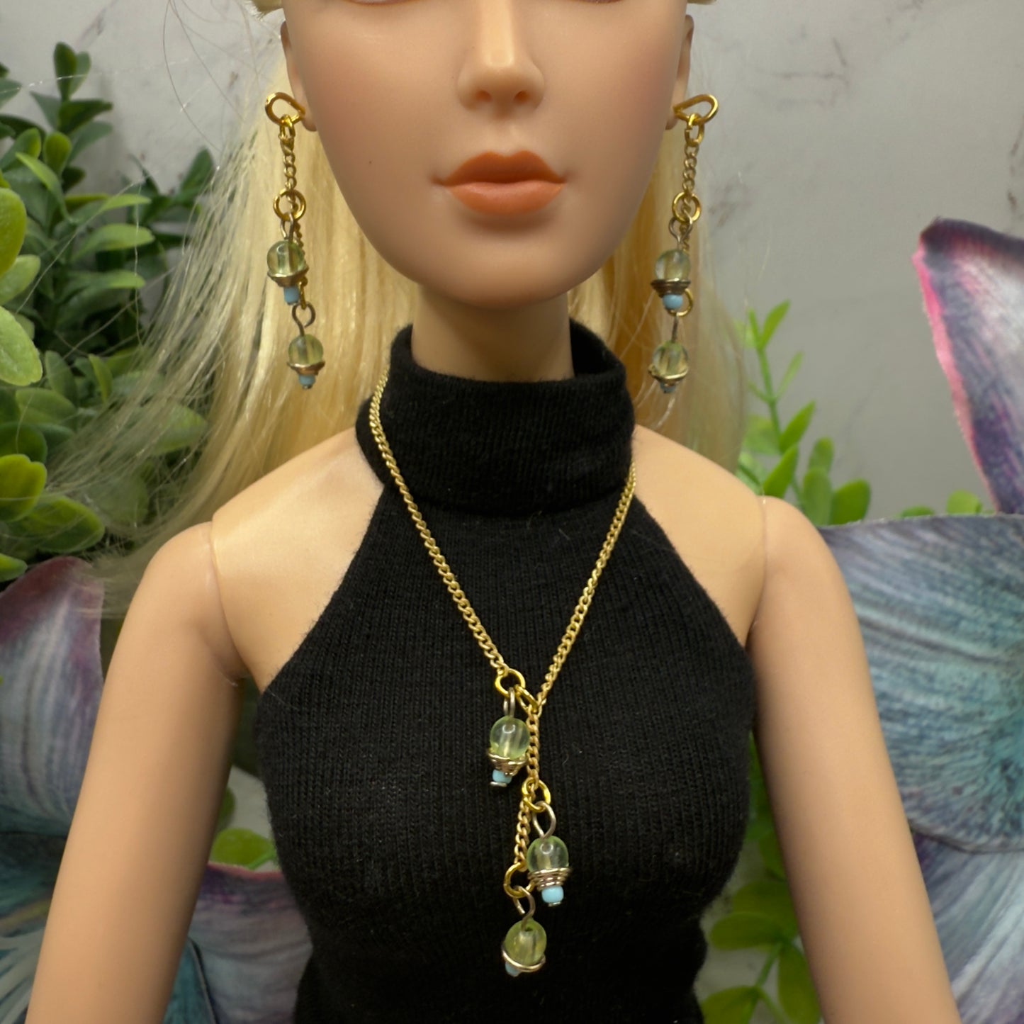 Green Blue Dangle Tassel Style Doll Necklace & Earrings Set • 16 Inch Fashion Doll Jewelry •