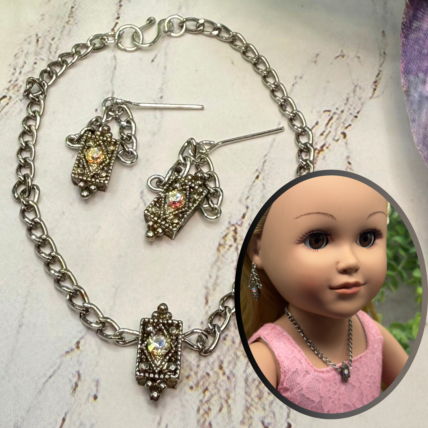Clear Aurora Borealis Rhinestone Silver Chain Doll Necklace • 18 Inch Fashion Doll Jewelry