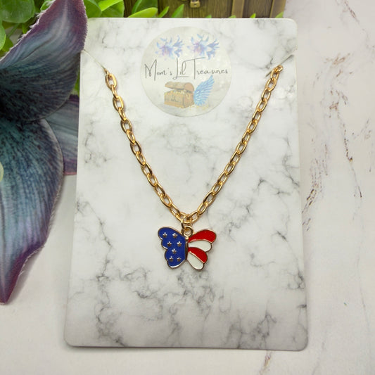 American Flag Red White Blue Butterfly Charm Doll Necklace for 18 Inch Fashion Doll