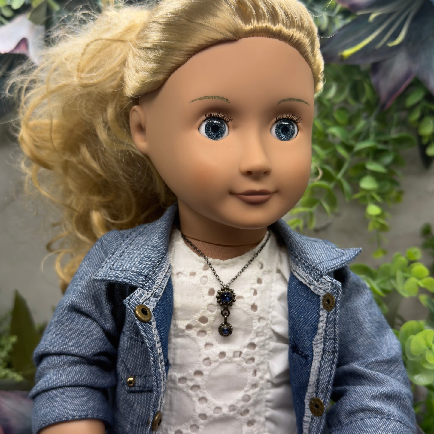 Blue Rhinestone Pendant Gun Metal Silver Chain Doll Necklace• 18 Inch Fashion Doll Jewelry
