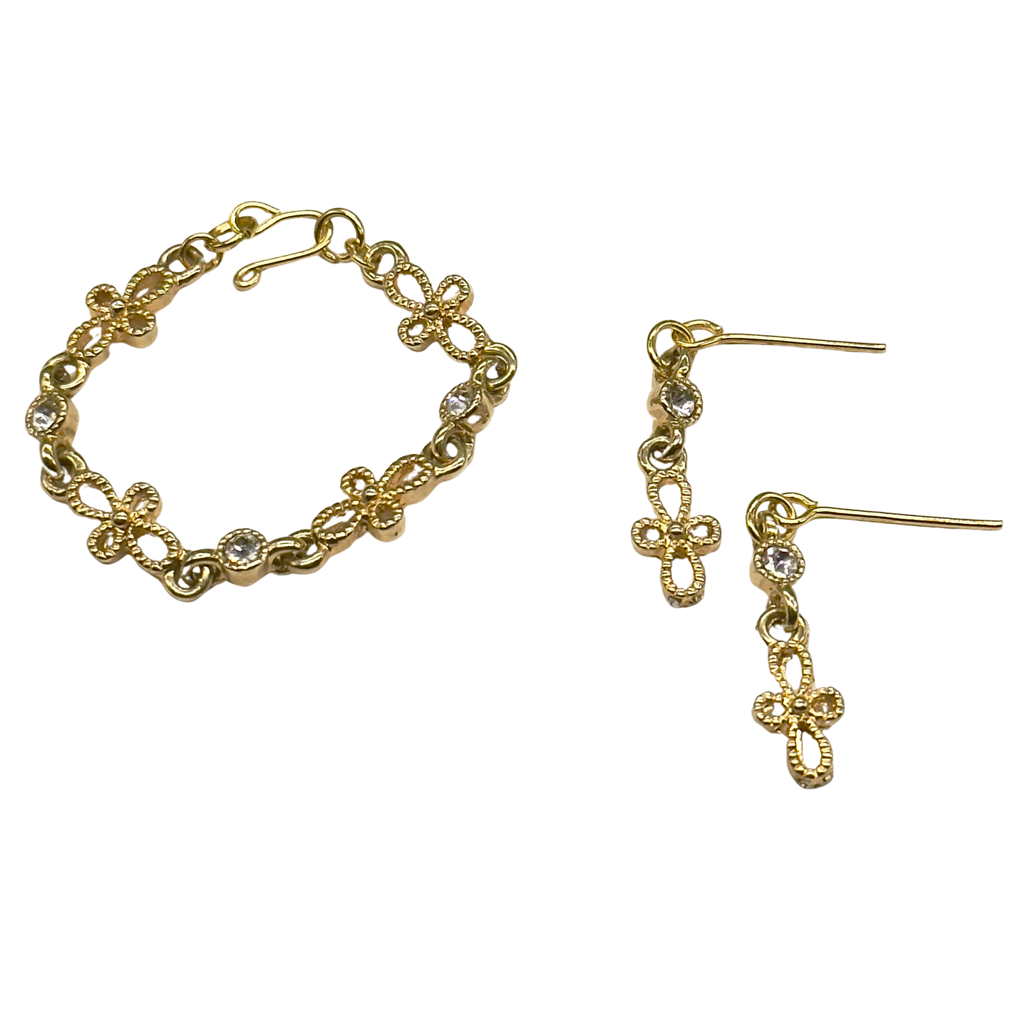 Gold Filigree Cross Clear Rhinestone Doll Necklace Earring Set • 16” Fashion Doll Jewelry