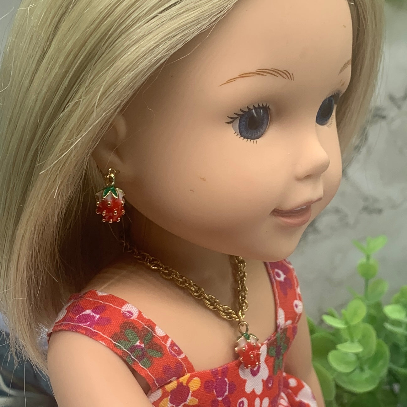 Strawberry Charm Gold Chain Doll Necklace Earring Bracelet Set 14” Wellie Wisher