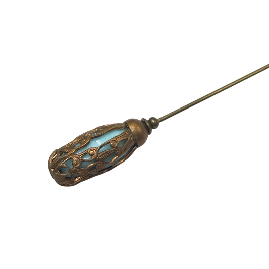 Ornate Vintage Style Copper Tone Lantern shape Filigree Cage Turquoise Glass Hatpin - 5 inch • Hatpin - Stick Pin