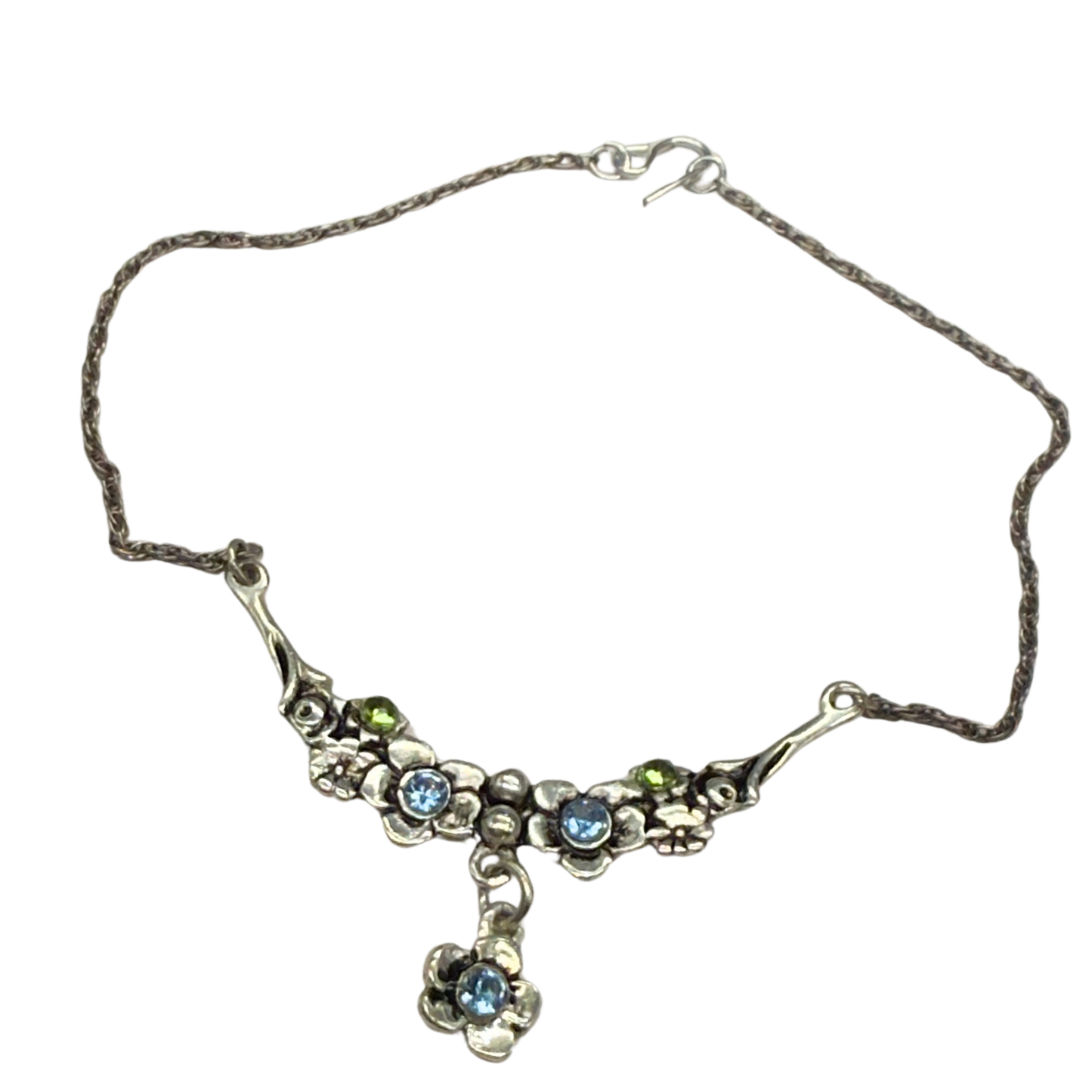 Silver Flower Design W/ Green Blue Rhinestone Doll Necklace • 18” Doll Jewelry