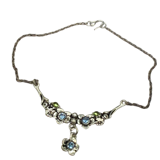 Silver Flower Design W/ Green Blue Rhinestone Doll Necklace • 18” Doll Jewelry