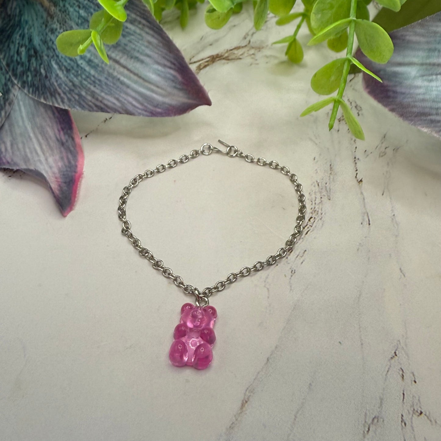 Pink Translucent Acrylic Bear Charm Doll Necklace Silver Chain • 18 Inch Fashion Doll Jewelry