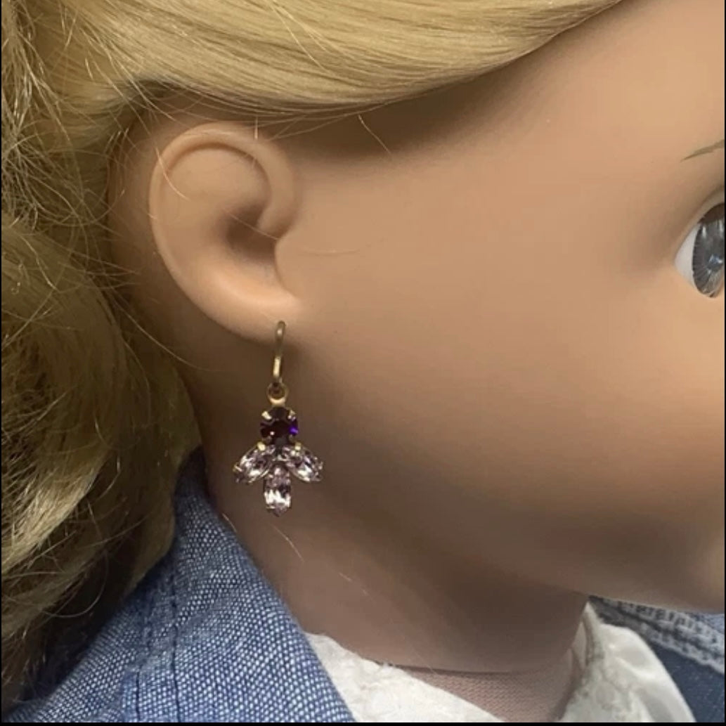 Shades Of Purple Rhinestone Gold Tone Dangle Doll Earrings • 18” Doll Jewelry