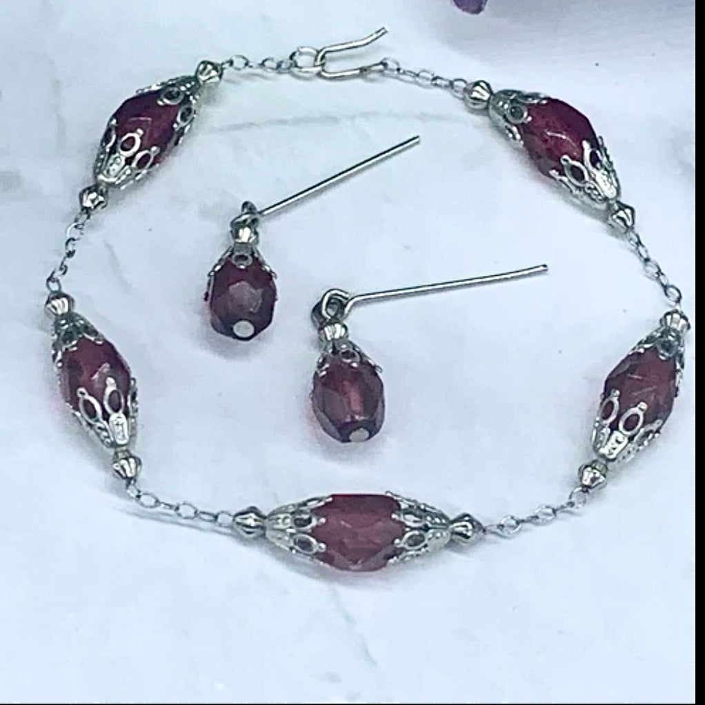 Wine Red Glass Silver Filigree Necklace and Earrings Set • 18” Fashion Doll Jewelry