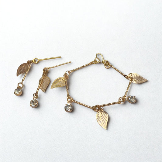 Gold Leaf Clear Rhinestone Dangles Gold Doll Necklace & Earrings • 16 Inch Fashion Doll Jewelry