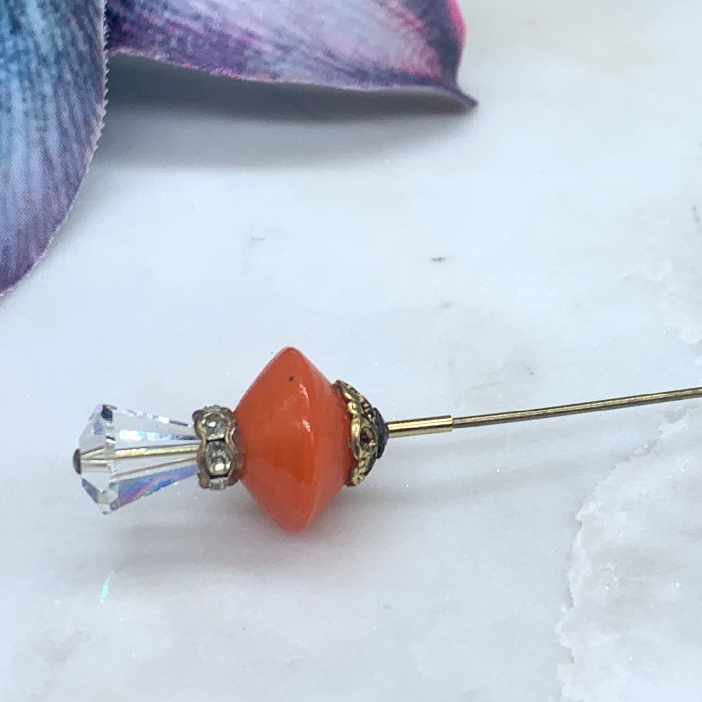 Orange Color Glass & Clear Glass Faceted Crystal • 6” Hatpin - Stick Pin
