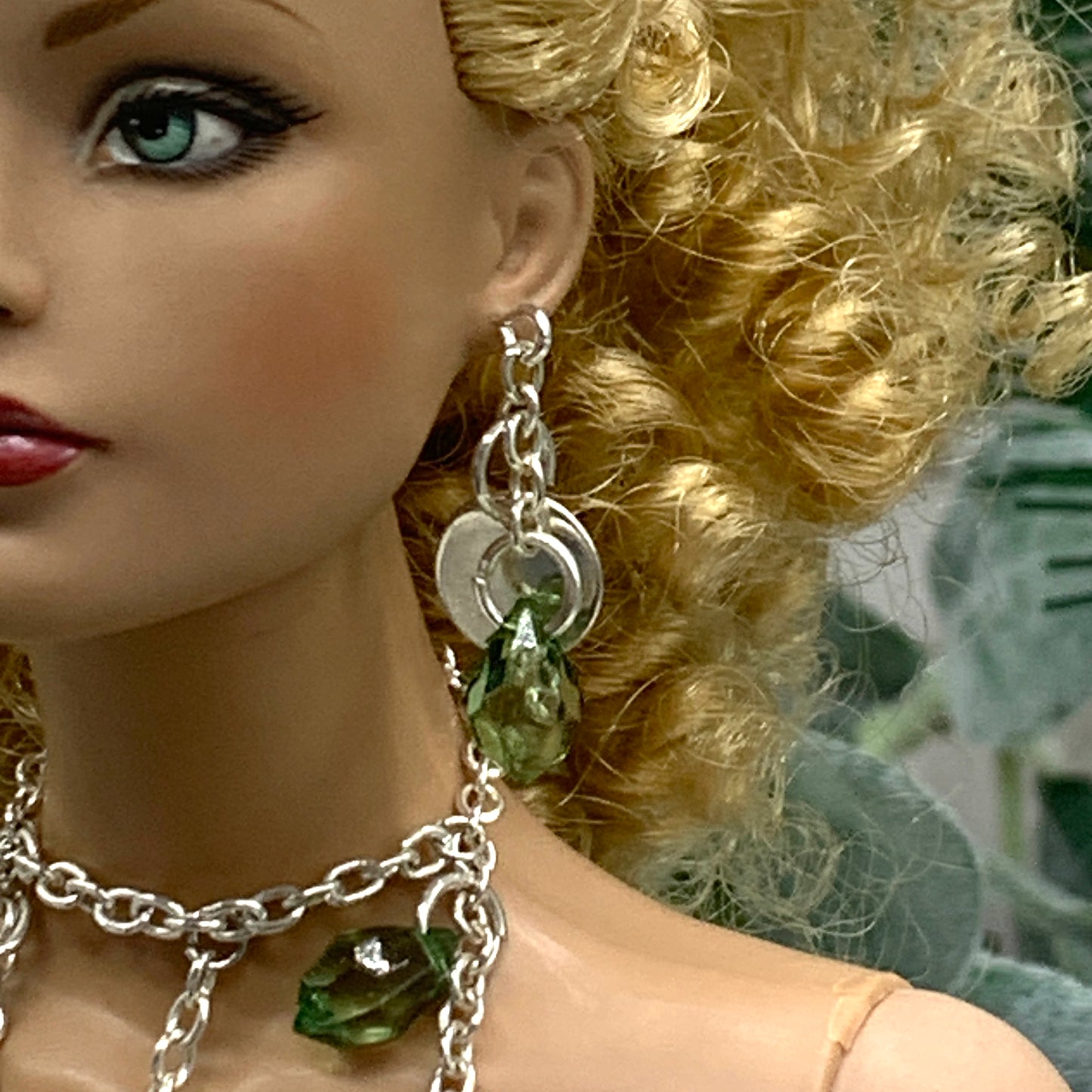 Green Clear Acrylic Crystal Silver Doll Necklace Earring Set • 16” Doll Jewelry