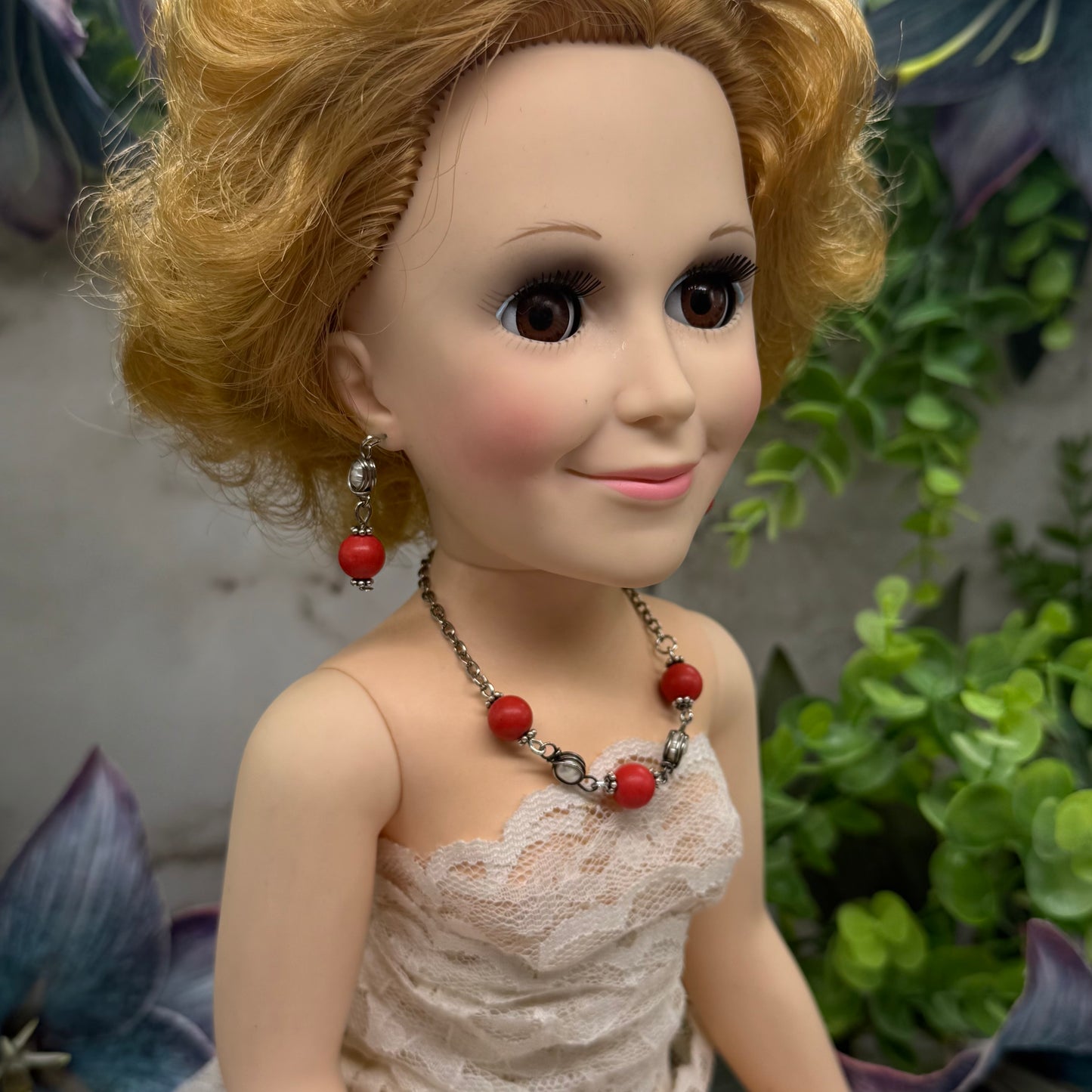Candy Apple Red Pearl & Silver Doll Necklace & Earrings Set • 18 Inch Doll Jewelry