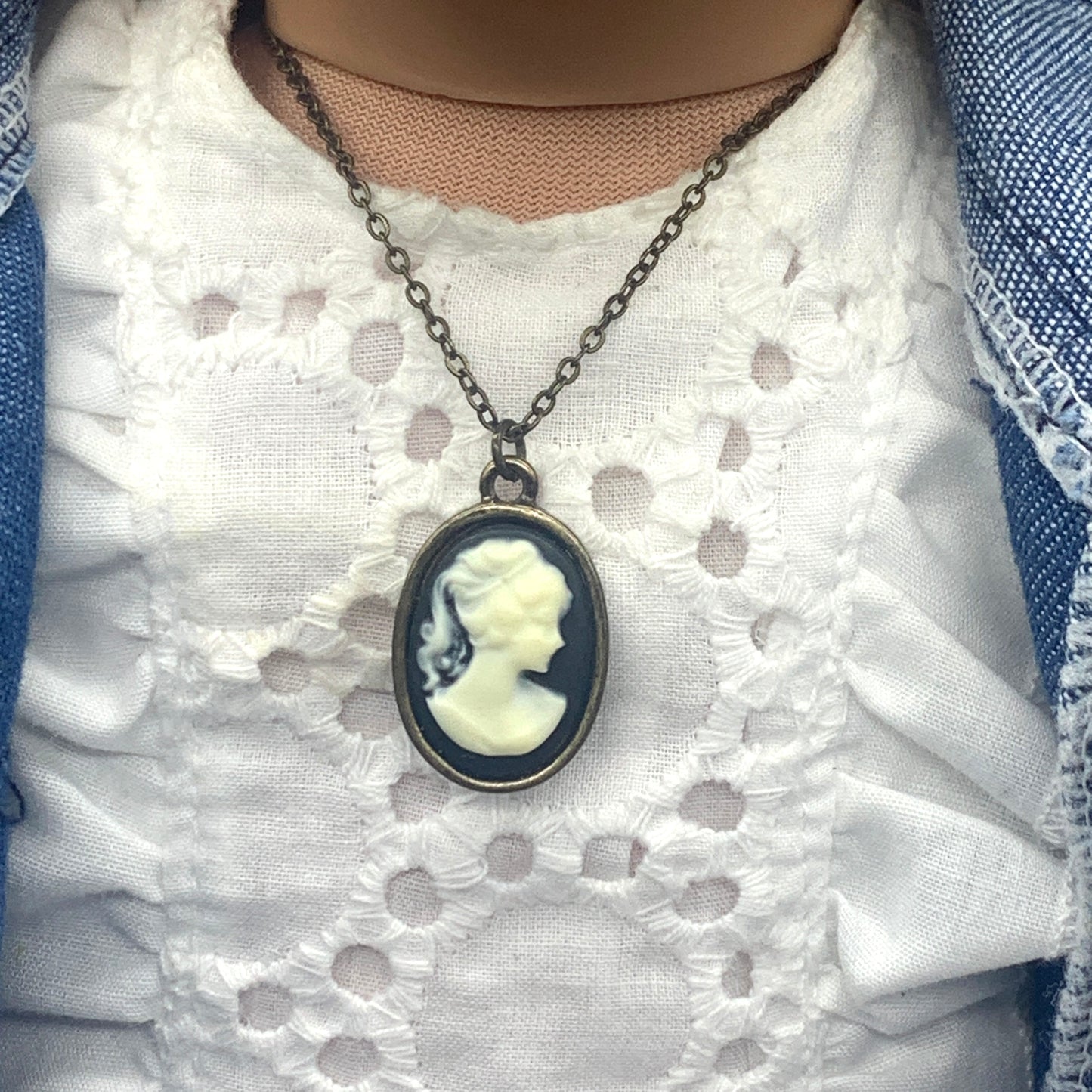 Black White Cameo Pendant Bronze Tone Chain Doll Necklace • 18” Doll Jewelry