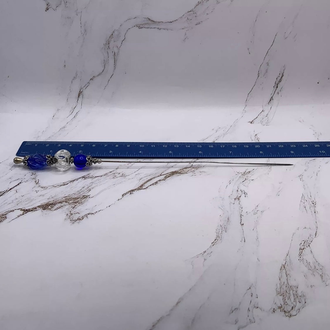 Blue Clear Swirl Glass Silver Filigree Design - 8.75” • Hatpin