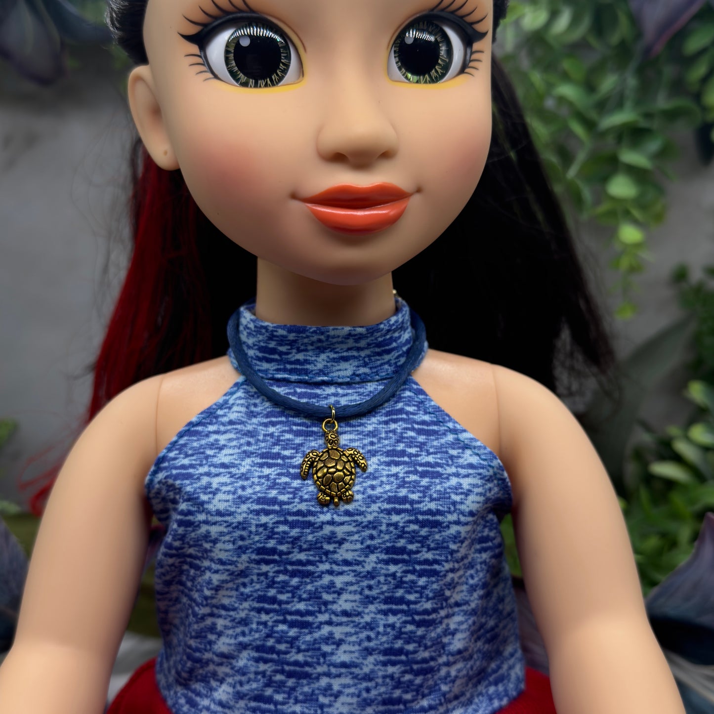 Gold Turtle Charm Blue Fabric Cord Doll Necklace• 18 Inch Fashion Doll Jewelry
