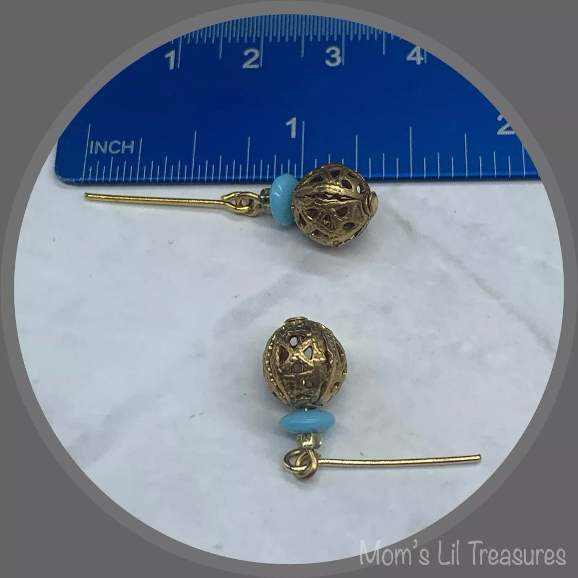 Blue Glass Gold Filigree Ball Dangle Doll Earrings • 18” Fashion Doll Jewelry
