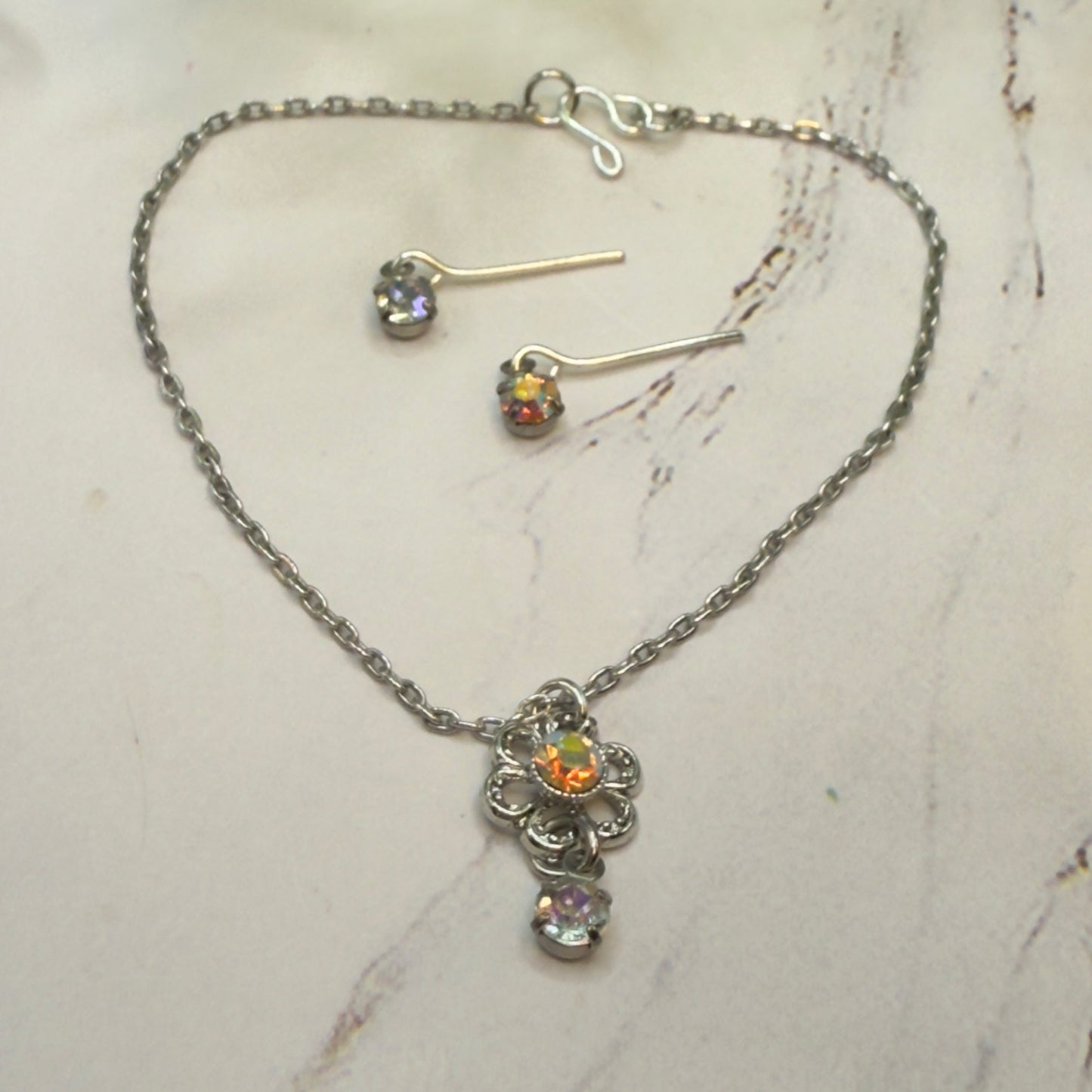 AB Rhinestone Flower Pendant Doll Necklace & Earrings Set• 18 Inch Fashion Doll Jewelry