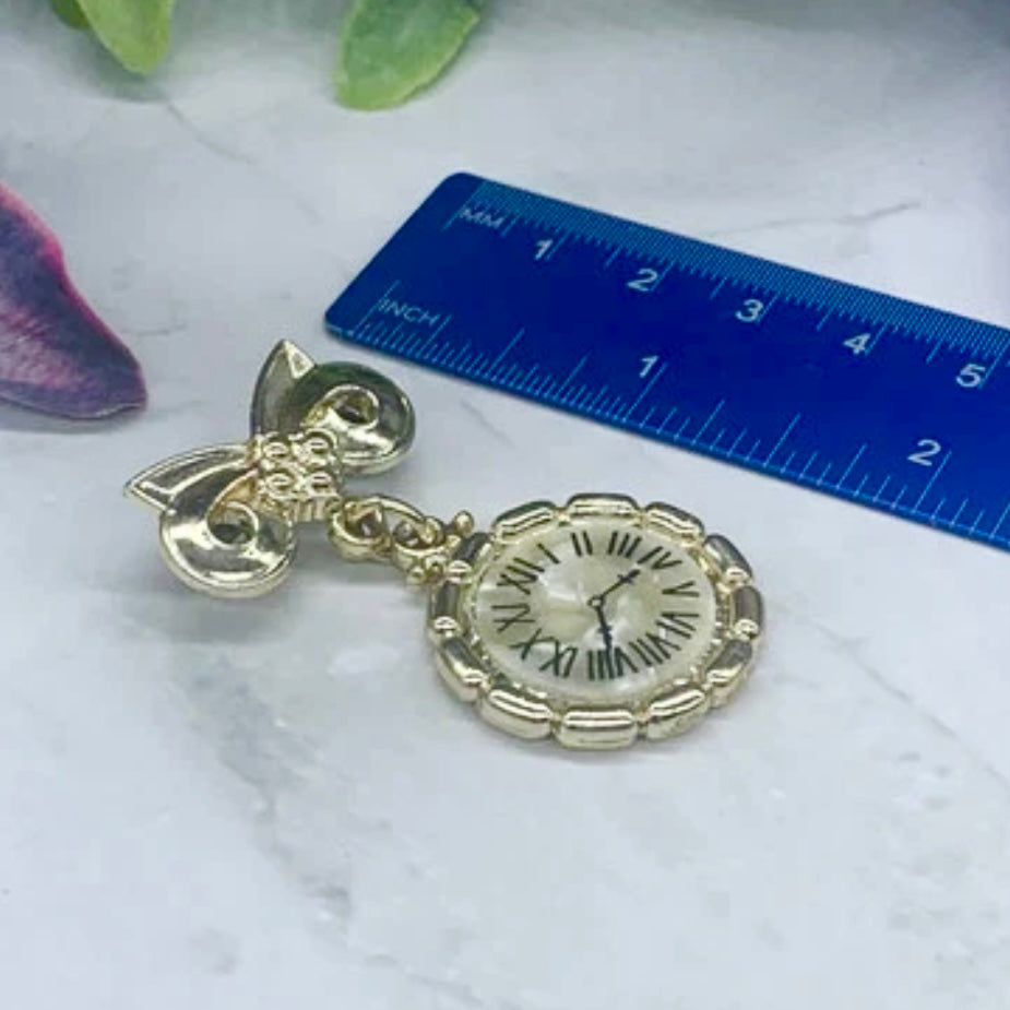 Gold Tone Simulated Watch / Mother of Pearl Face Clock Pin • Doll Brooch