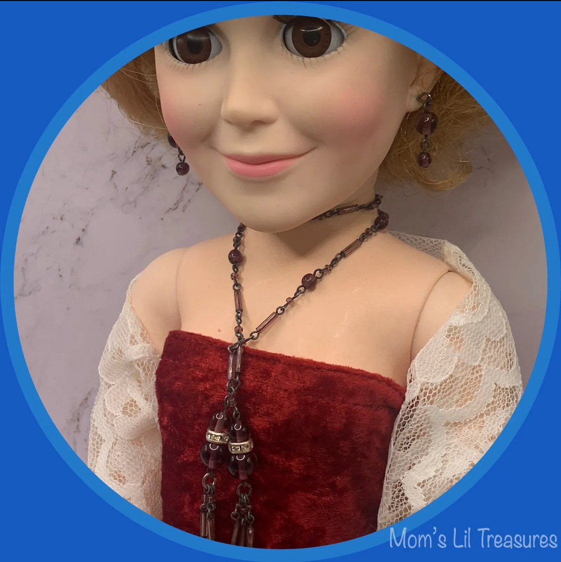 Lariat Wrap Purple Doll Necklace Earrings Set • 18-20 Inch Vintage Doll Jewelry